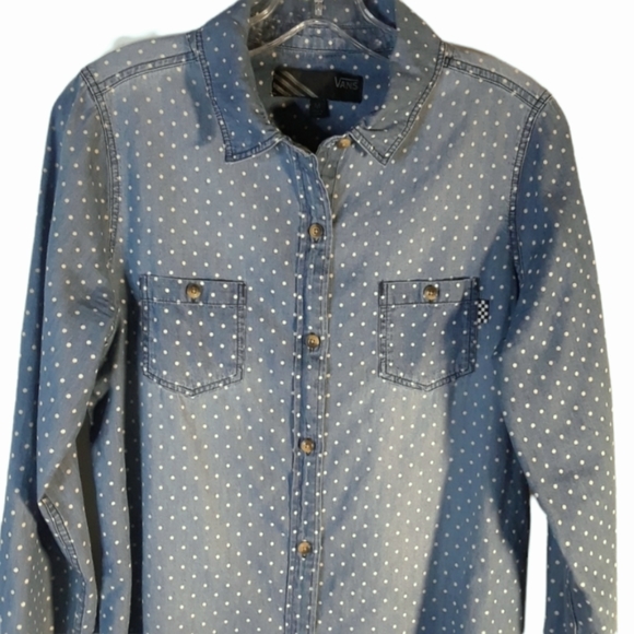 Vans blue chambray button down with white polka dots - Picture 2 of 8